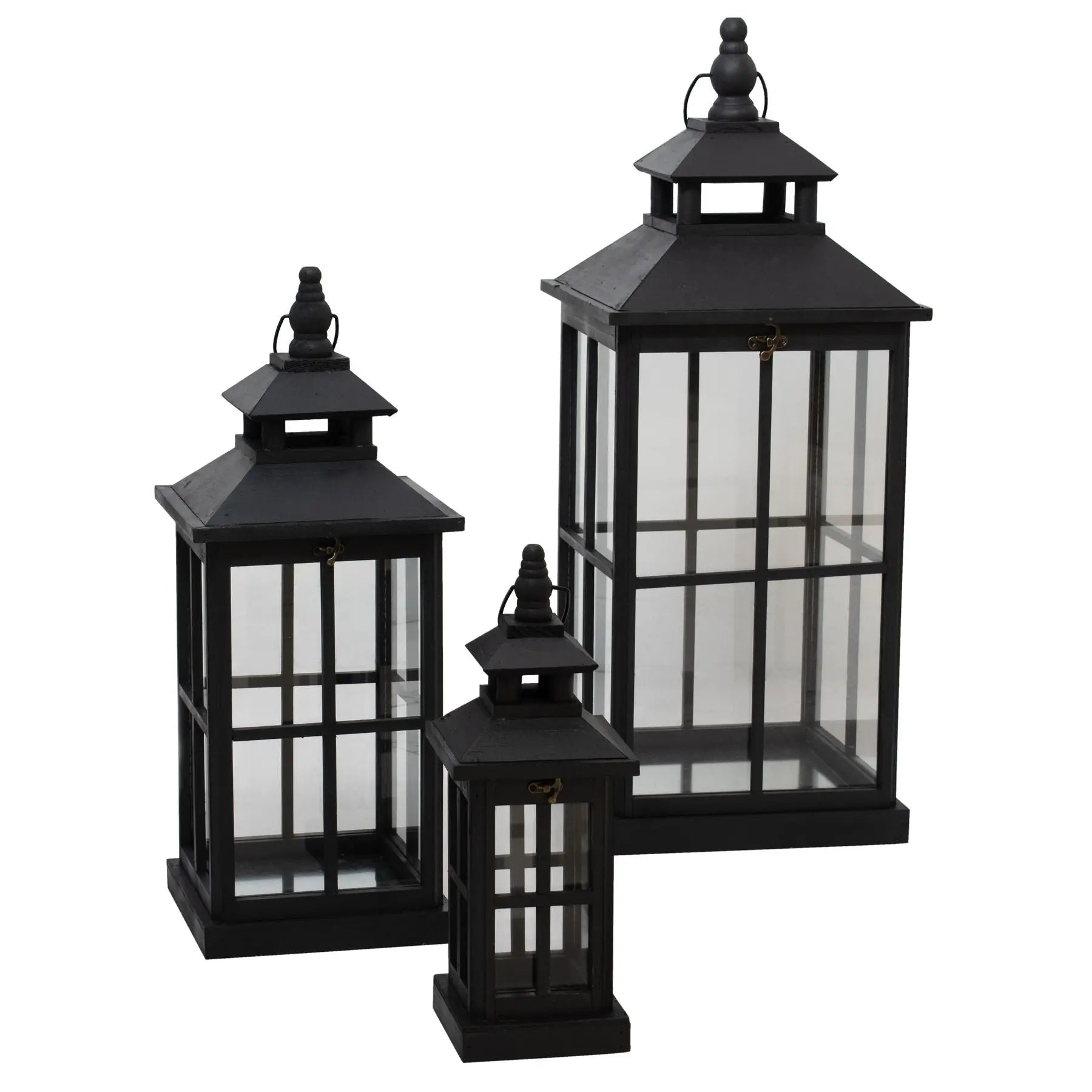 Set of three black lanterns on a white background