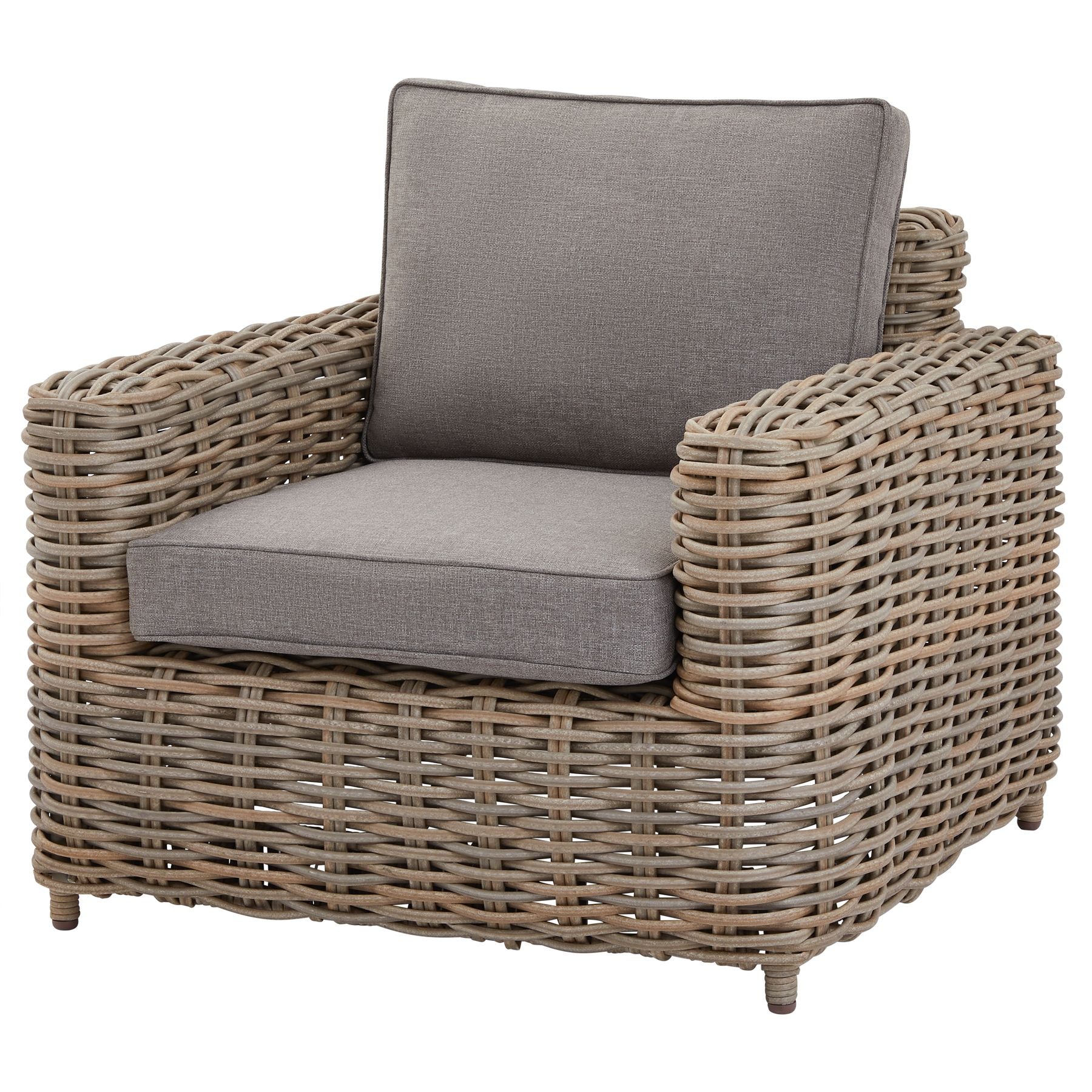 Wicker armchair with gray cushions on a white background