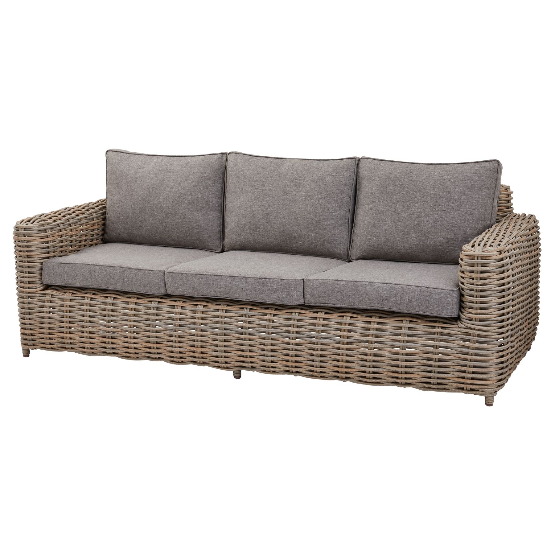Wicker outdoor sofa with gray cushions on a white background