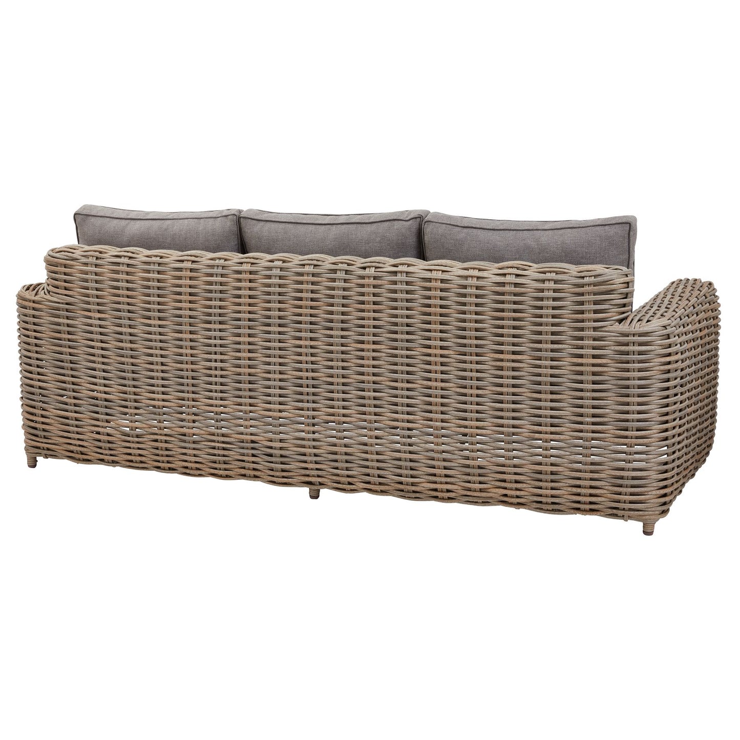 Wicker outdoor sofa with gray cushions on a white background