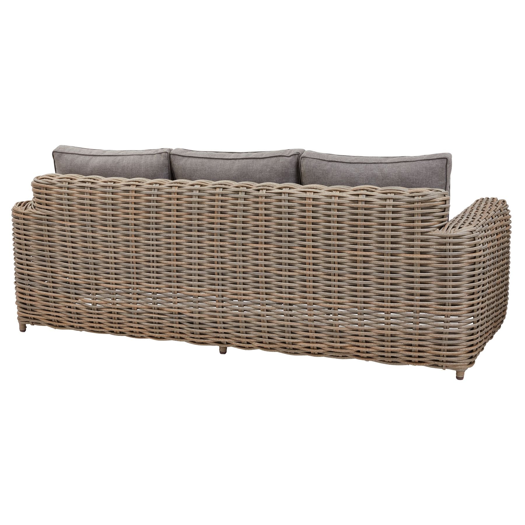 Wicker outdoor sofa with gray cushions on a white background