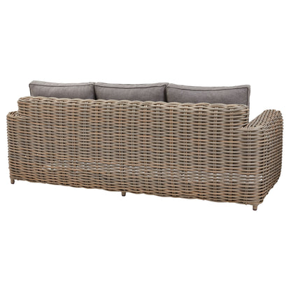 Wicker outdoor sofa with gray cushions on a white background