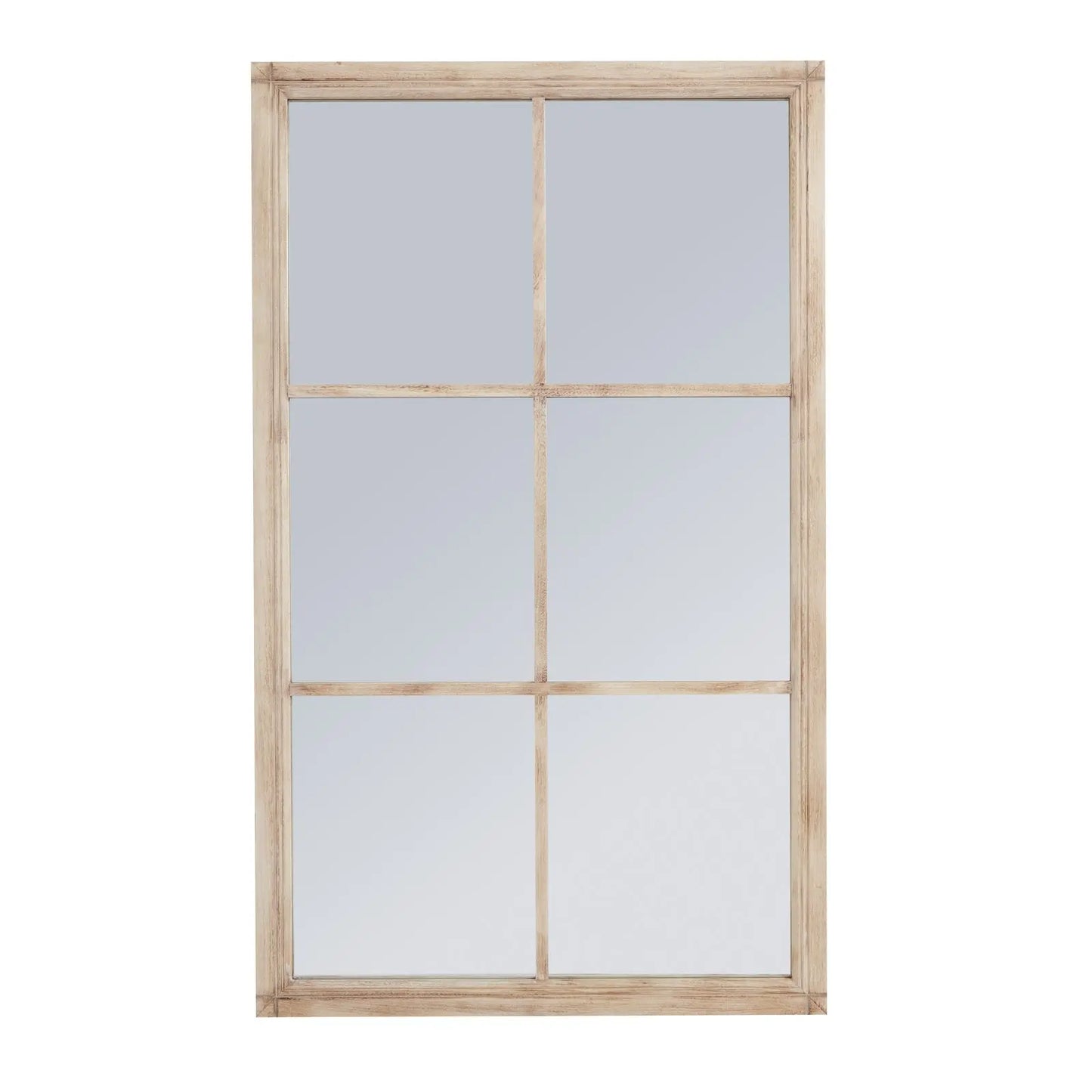 Wooden window frame with glass panes on a white background