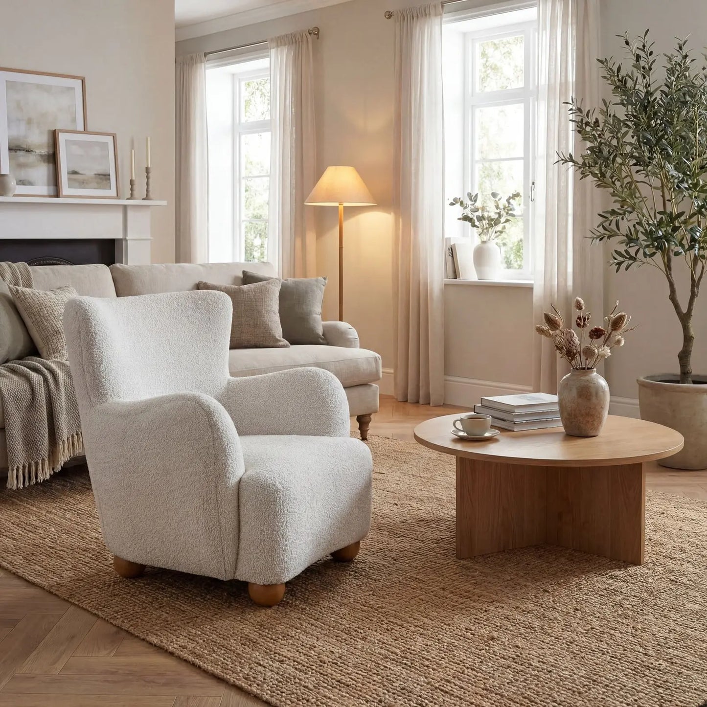 Cozy living room with beige armchair, coffee table, and decorative elements.