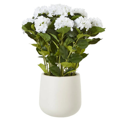Artificial plant with white flowers in a white pot on a white background