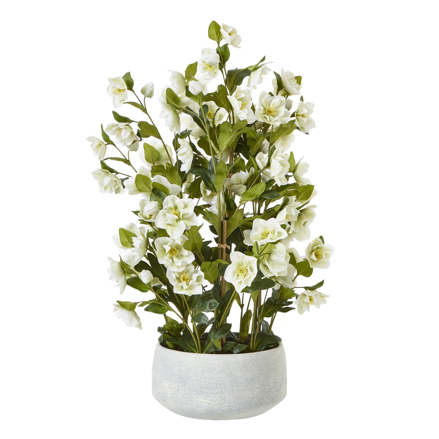 Artificial white flower plant in a gray pot on a white background