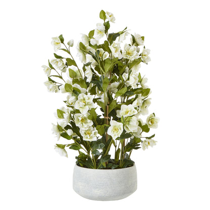 Artificial white flower plant in a gray pot on a white background