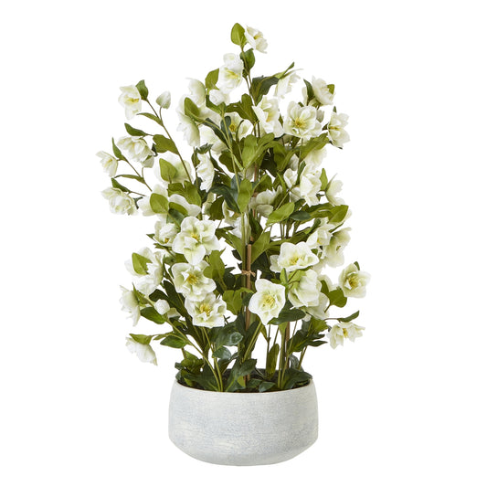 Artificial white flower plant in a gray pot on a white background