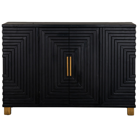 Black cabinet with geometric design and gold handle on a white background