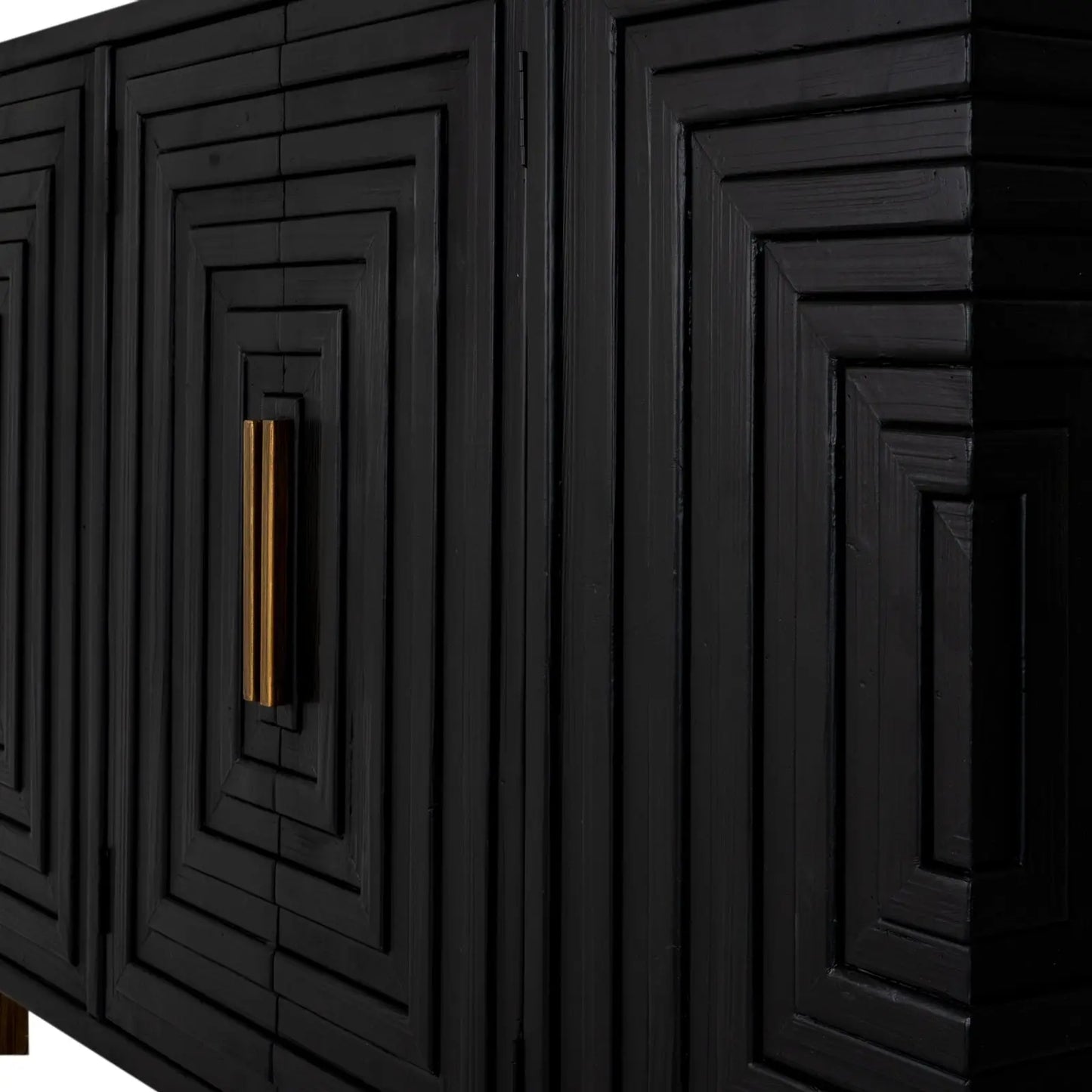 Black cabinet with geometric design and gold handle on a white background