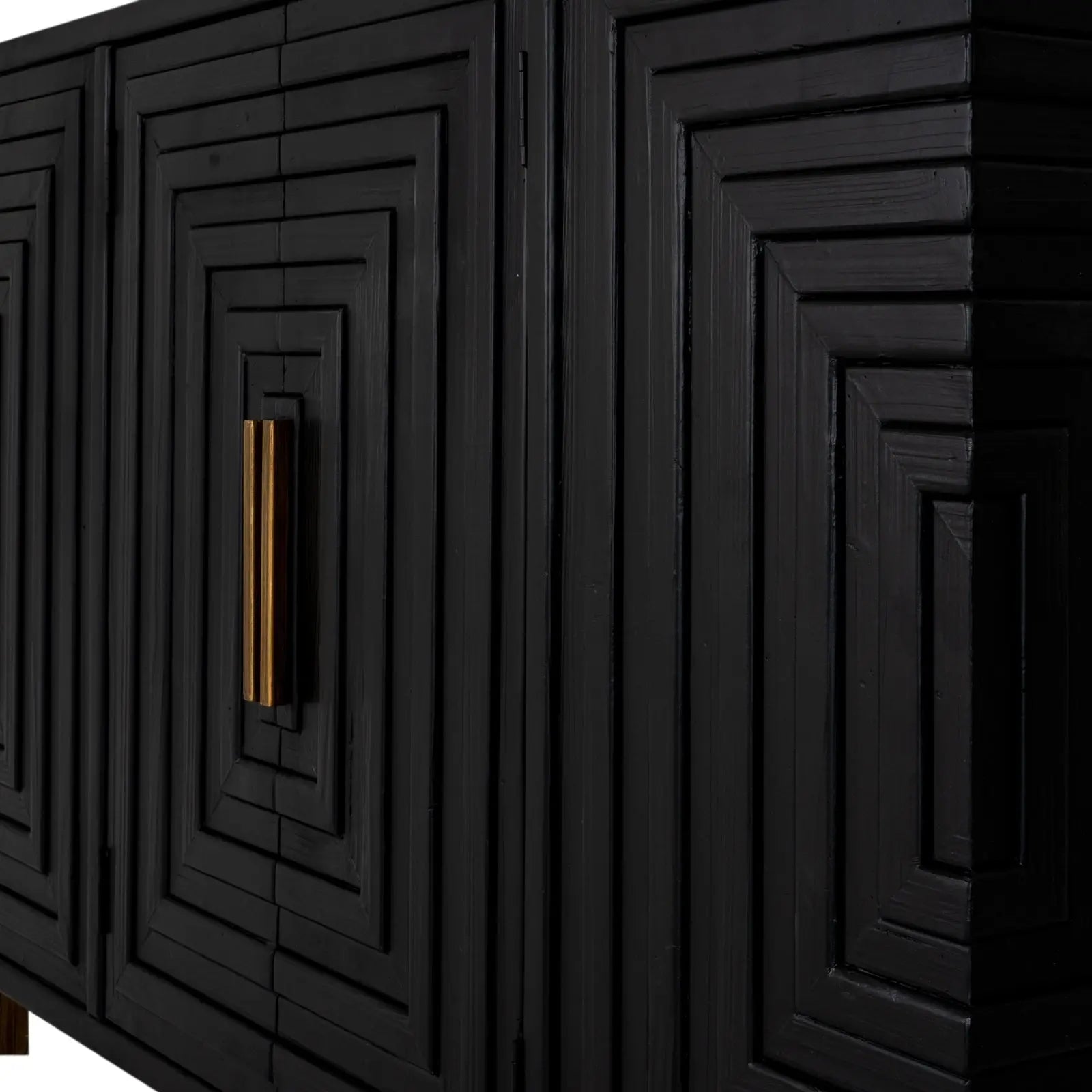 Black cabinet with geometric design and gold handle on a white background