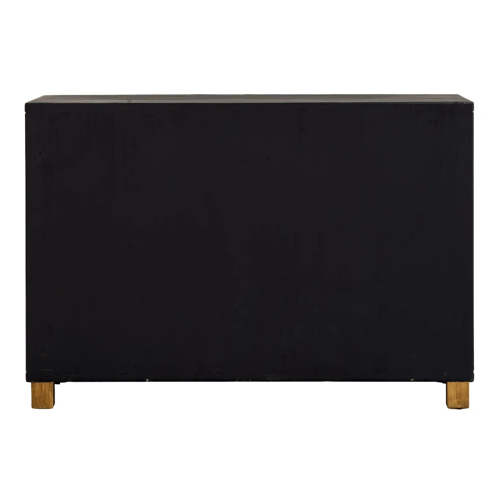 Black rectangular sideboard with gold legs on a white background