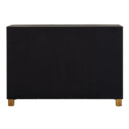 Black rectangular sideboard with gold legs on a white background