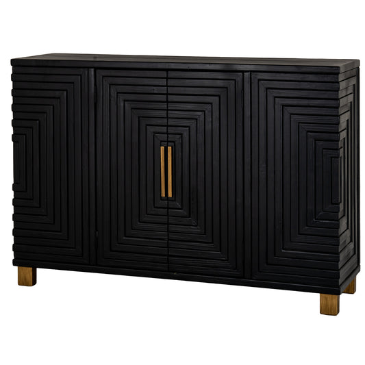Black cabinet with geometric design and gold handle on a white background