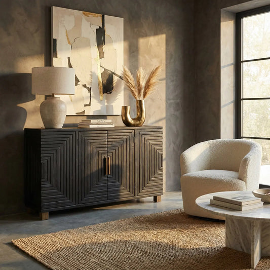 Modern living room with textured wall, sideboard, and armchair.