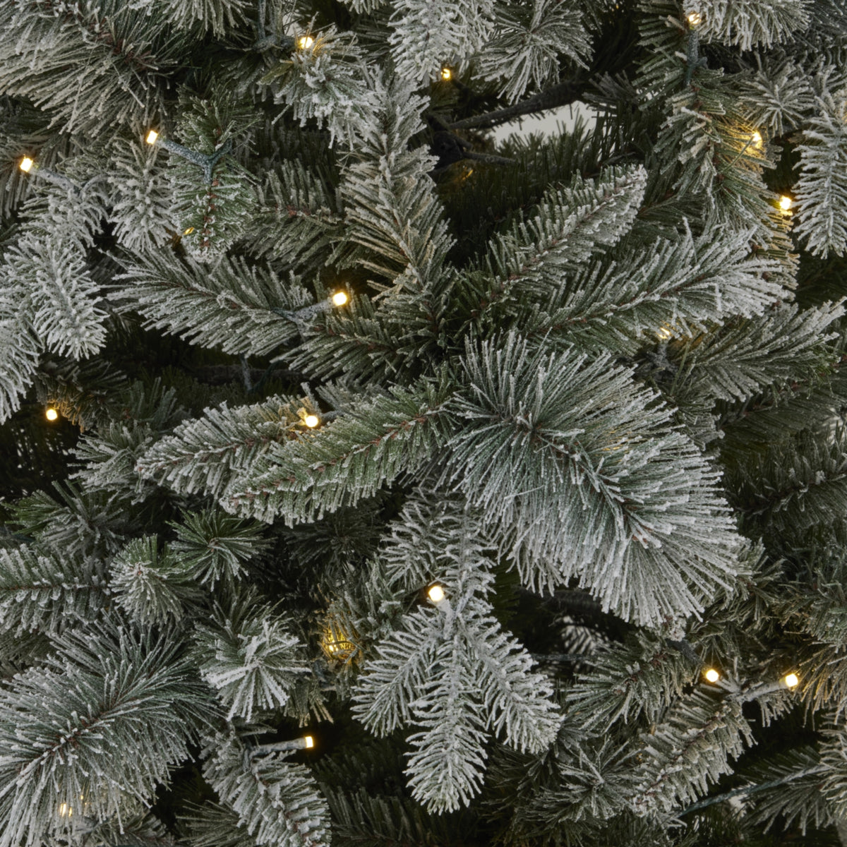 Close-up of a frosted artificial Christmas tree with lights