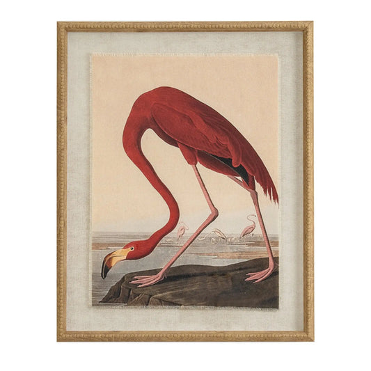 Flora & Fauna Collection Flamingo On Linen In Beaded Frame BlissVeranda
