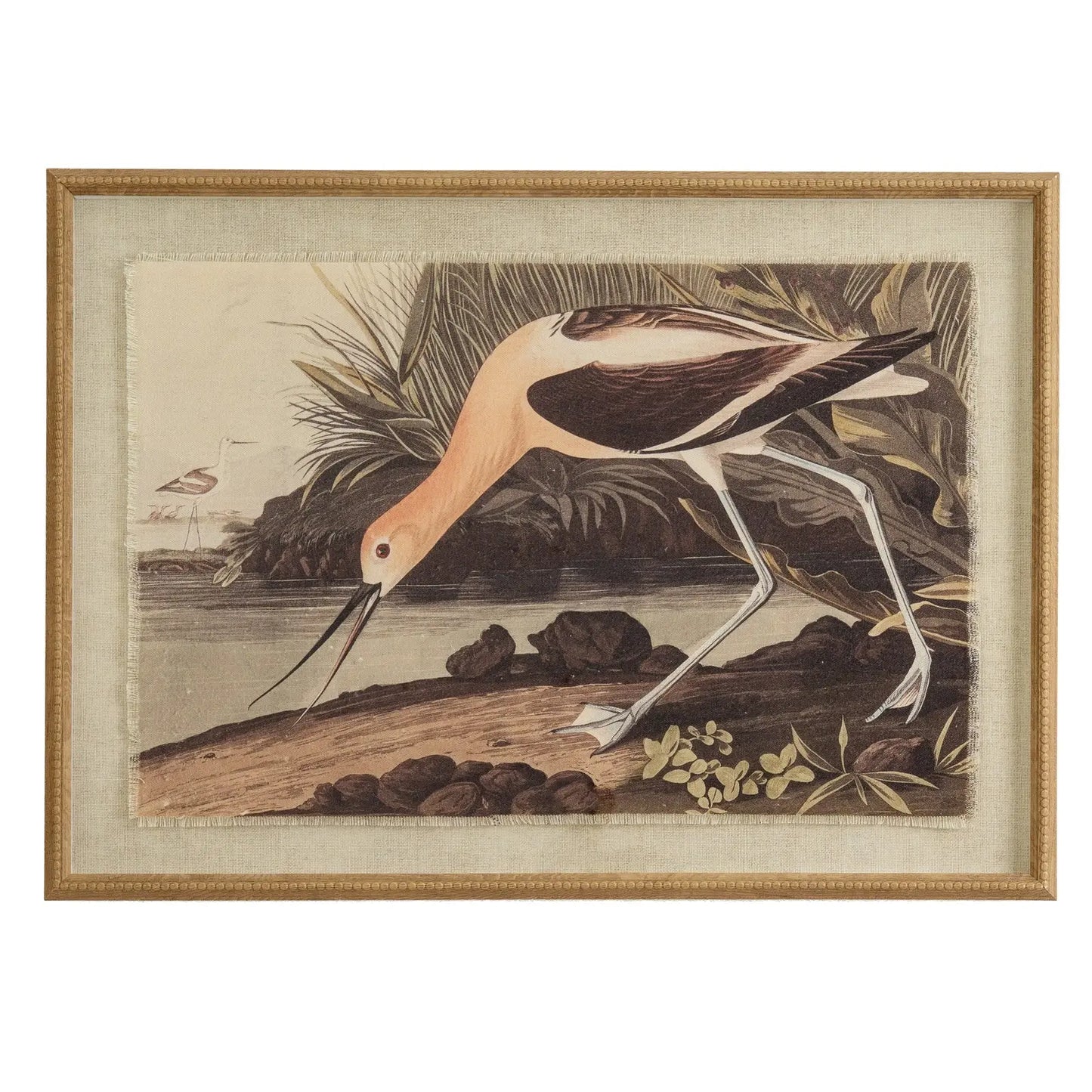 Framed artwork of a bird by a body of water with leaves.