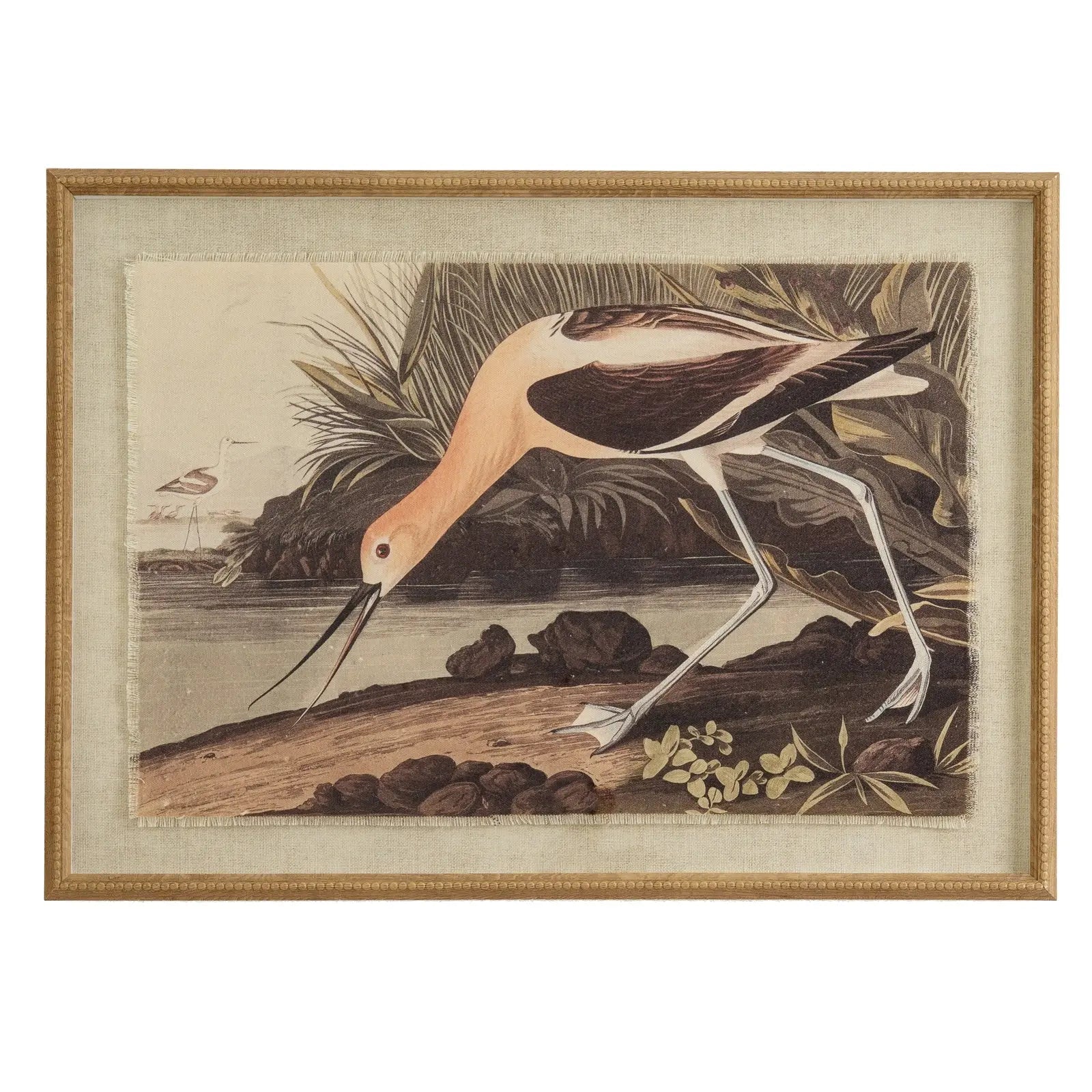 Framed artwork of a bird by a body of water with leaves.