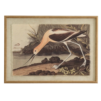 Framed artwork of a bird by a body of water with leaves.