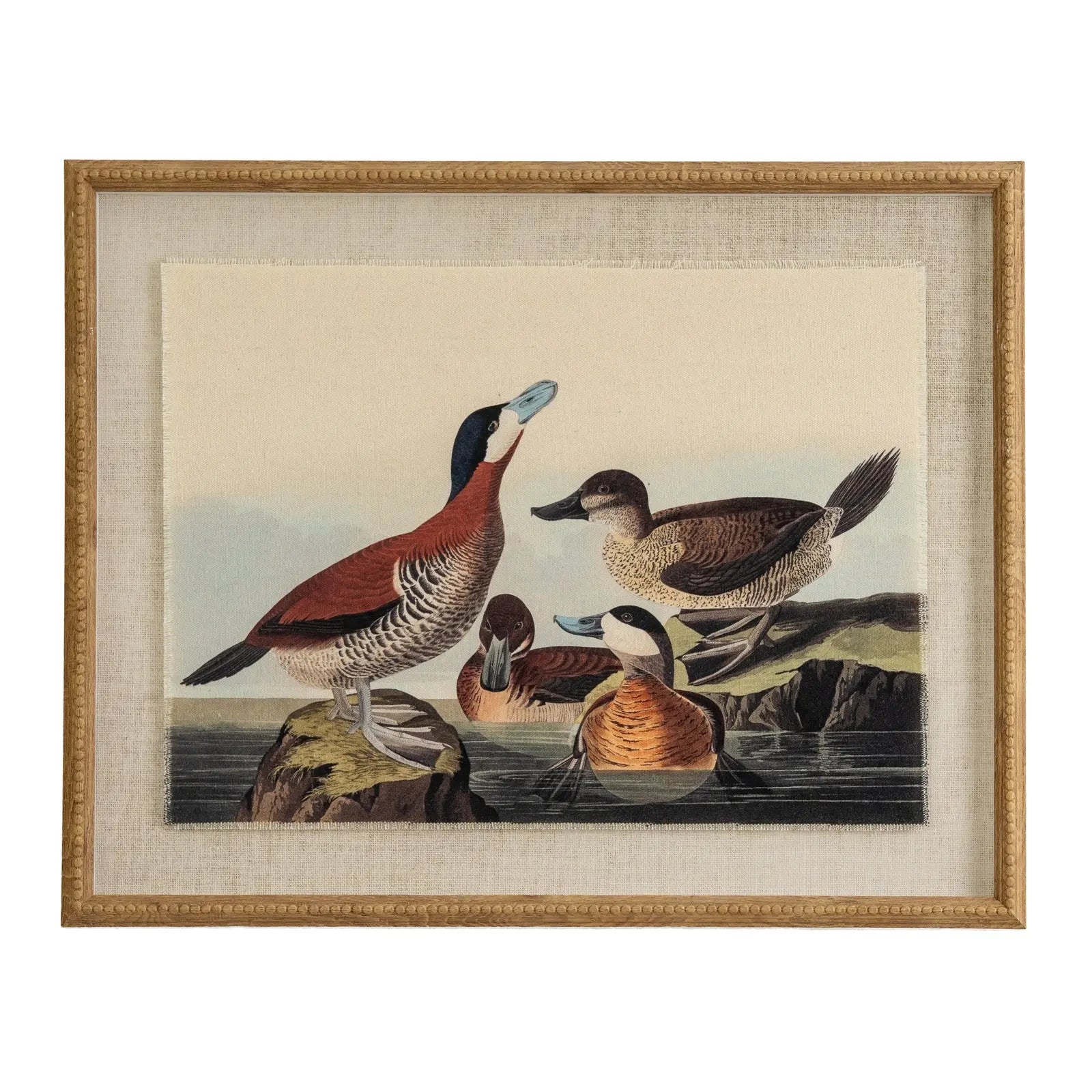 Framed artwork of ducks on a rock with a natural background