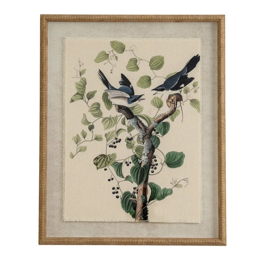 Flora & Fauna Collection Shrikes On Linen In Beaded Frame BlissVeranda