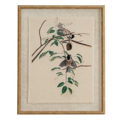 Flora & Fauna Collection Chickadees On Linen In Beaded Frame BlissVeranda