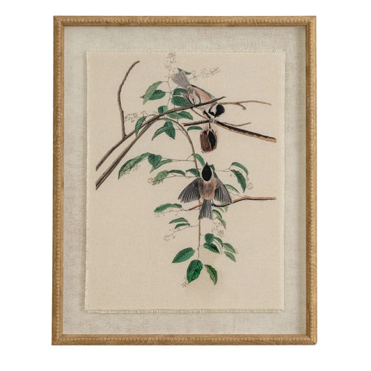 Flora & Fauna Collection Chickadees On Linen In Beaded Frame BlissVeranda