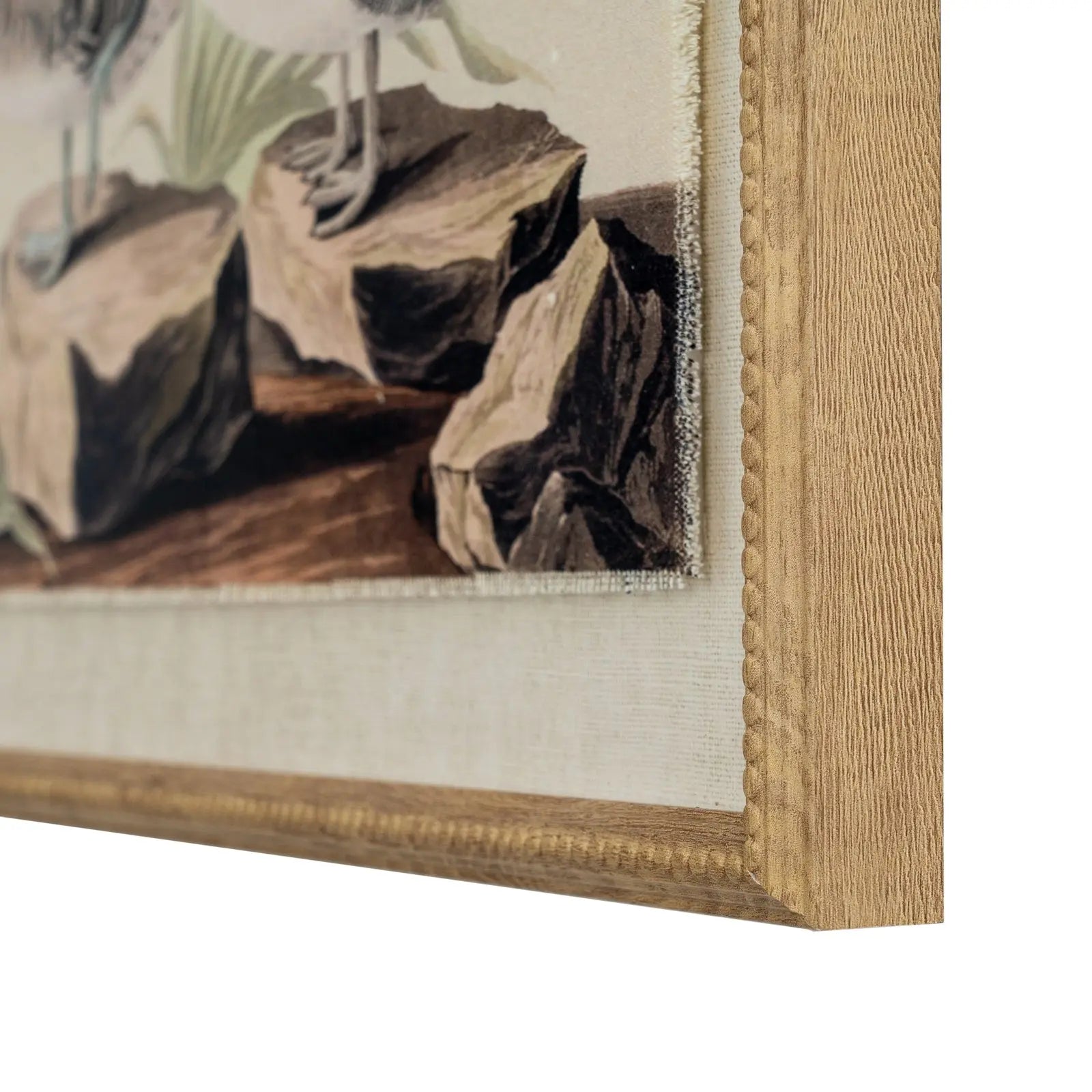 Close-up of a framed painting with a wooden frame and textured mat.