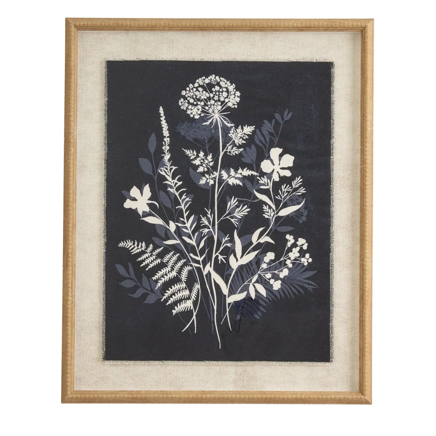 Framed botanical print with white flowers and leaves on a dark background