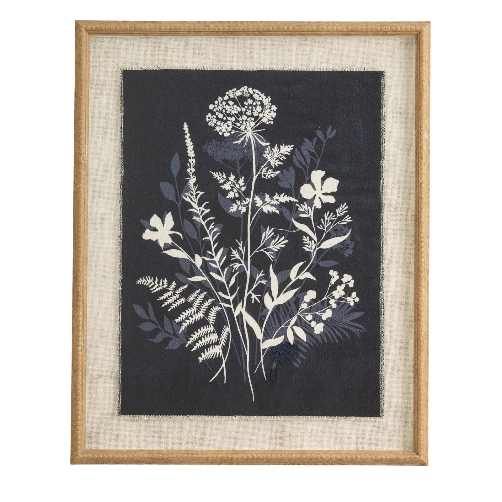 Framed botanical print with white flowers and leaves on a dark background