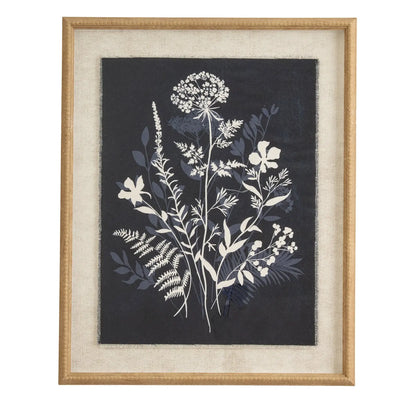 Framed botanical print with white flowers and leaves on a dark background