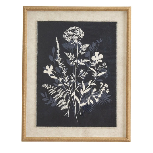 Framed botanical print with white flowers and leaves on a dark background