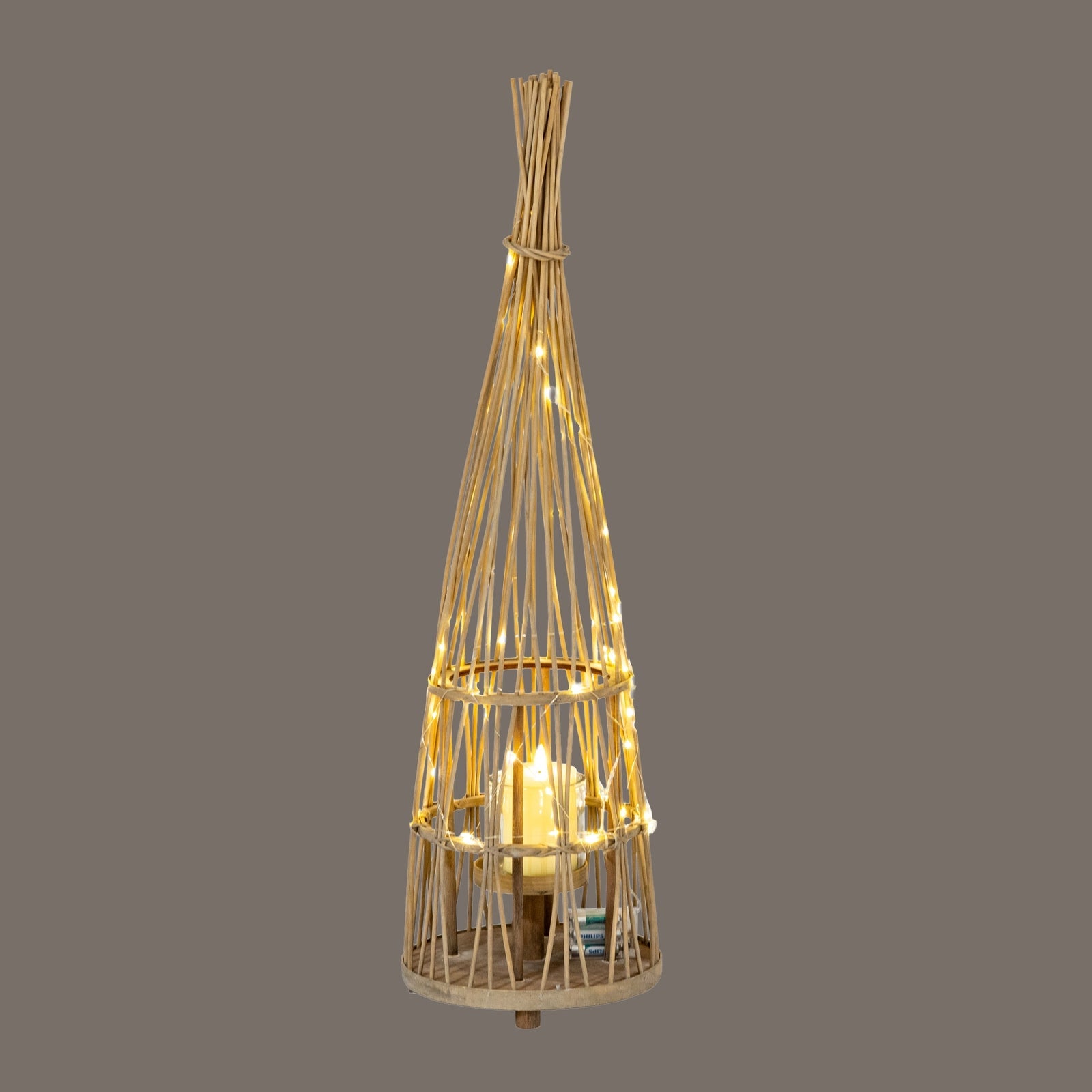 Medium Conical Wicker Lantern With Glass Holder & LED Lights  Lighting > Candle Holders BlissVeranda
