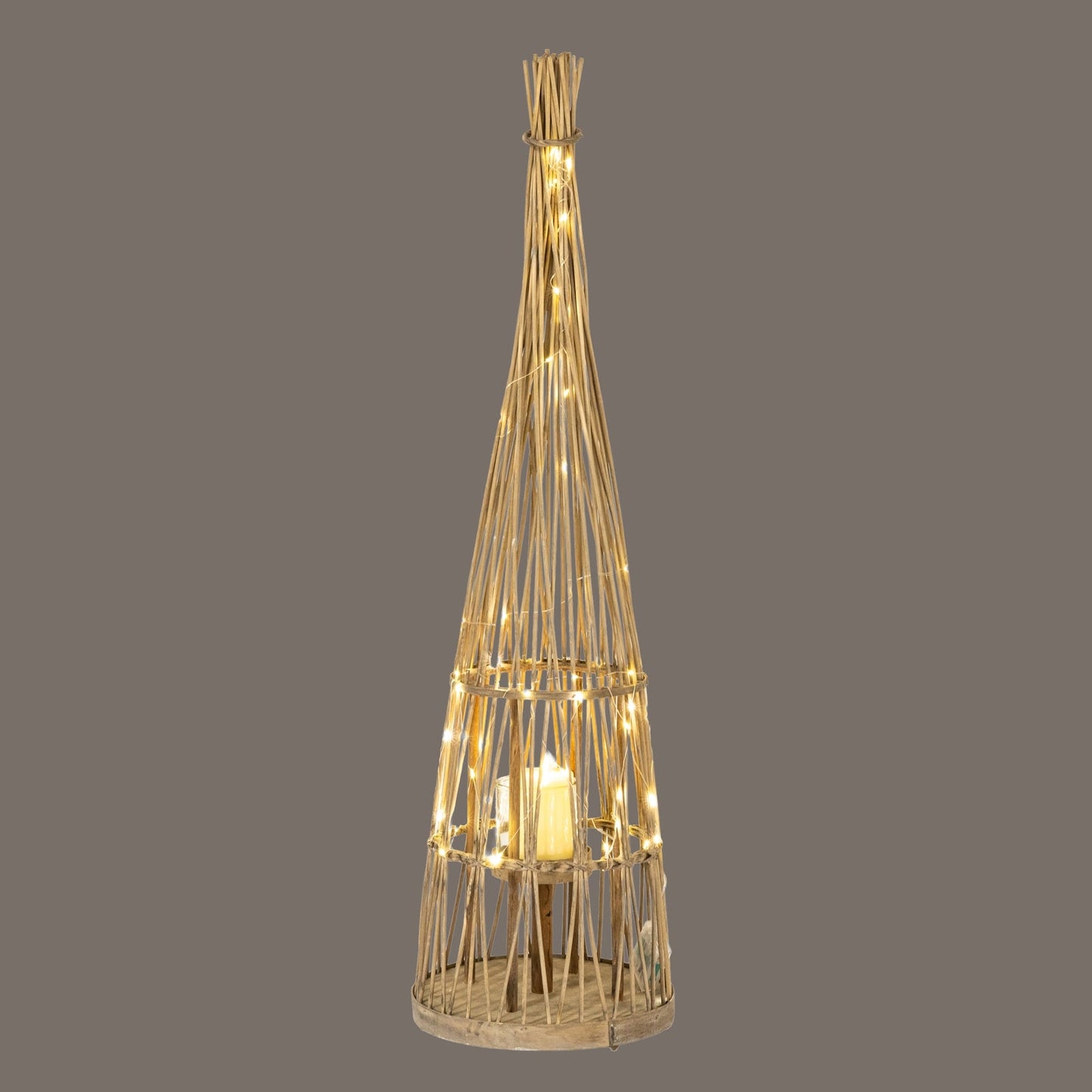 Small Conical Wicker Lantern With Glass Holder & LED Lights  Lighting > Candle Holders BlissVeranda