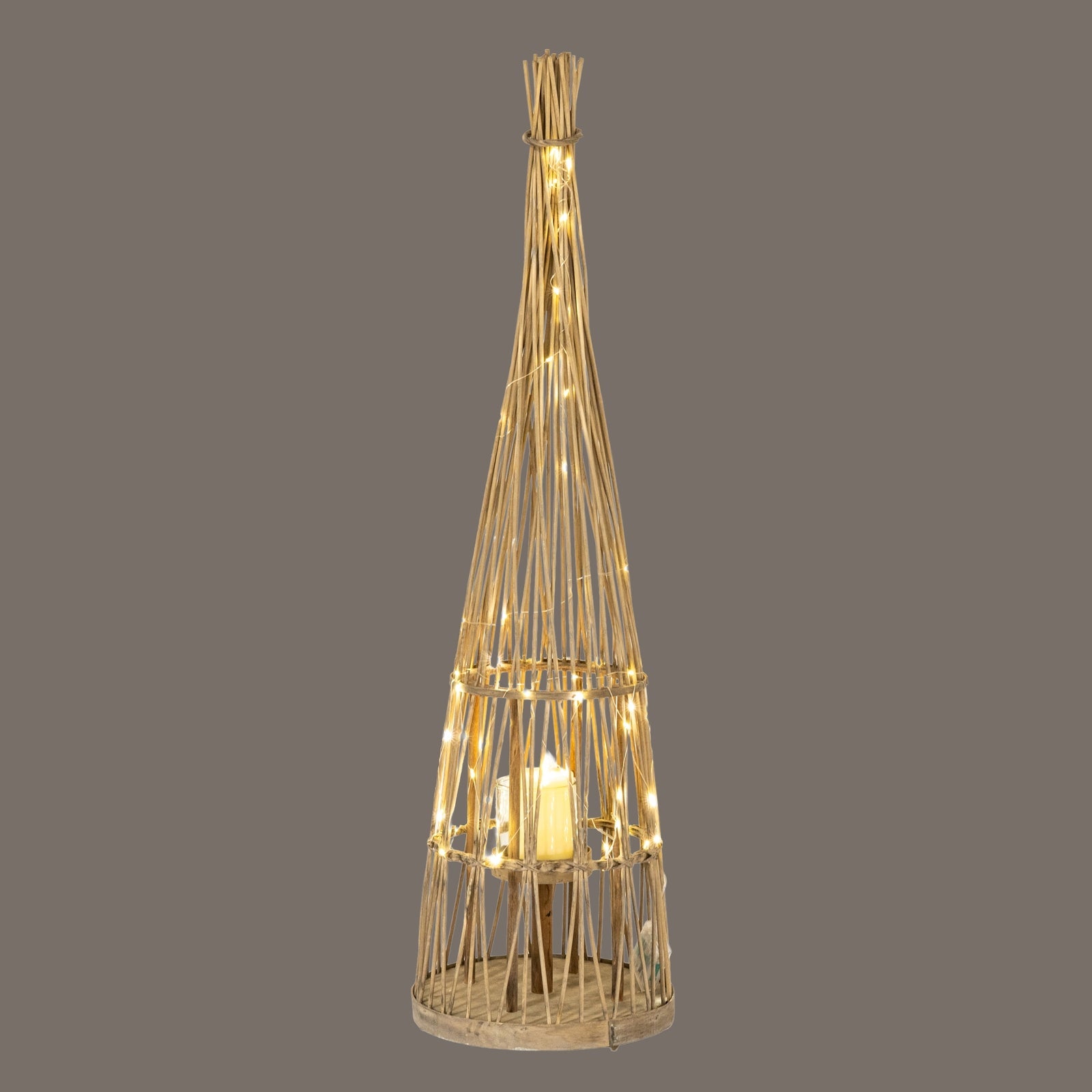 Small Conical Wicker Lantern With Glass Holder & LED Lights  Lighting > Candle Holders BlissVeranda