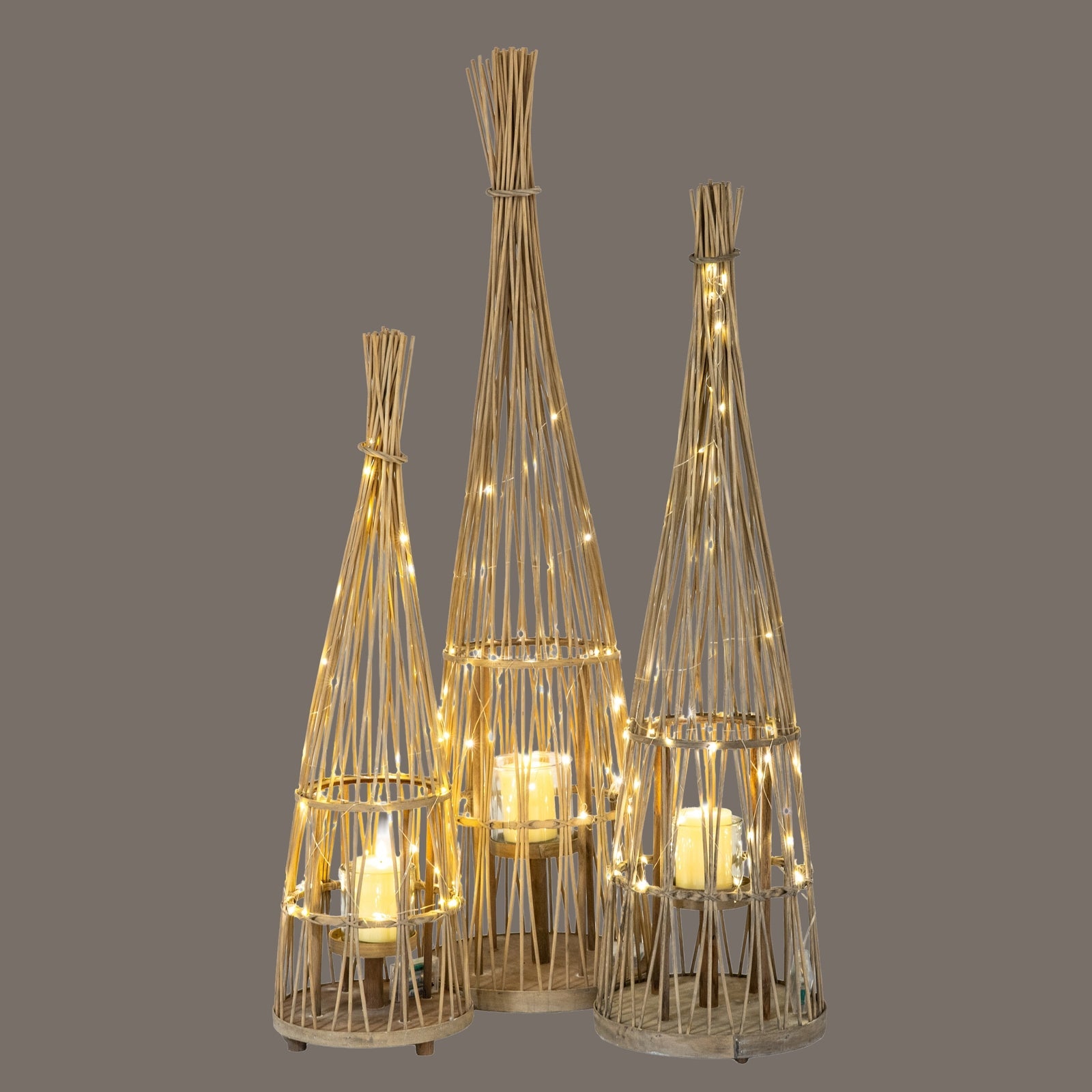 Small Conical Wicker Lantern With Glass Holder & LED Lights  Lighting > Candle Holders BlissVeranda