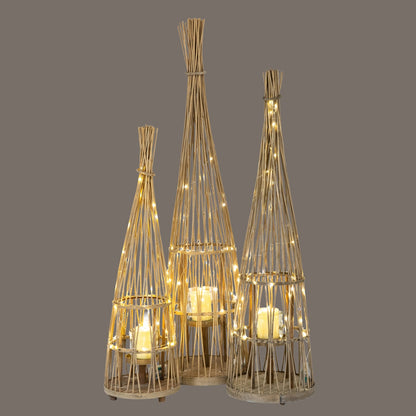Small Conical Wicker Lantern With Glass Holder & LED Lights  Lighting > Candle Holders BlissVeranda