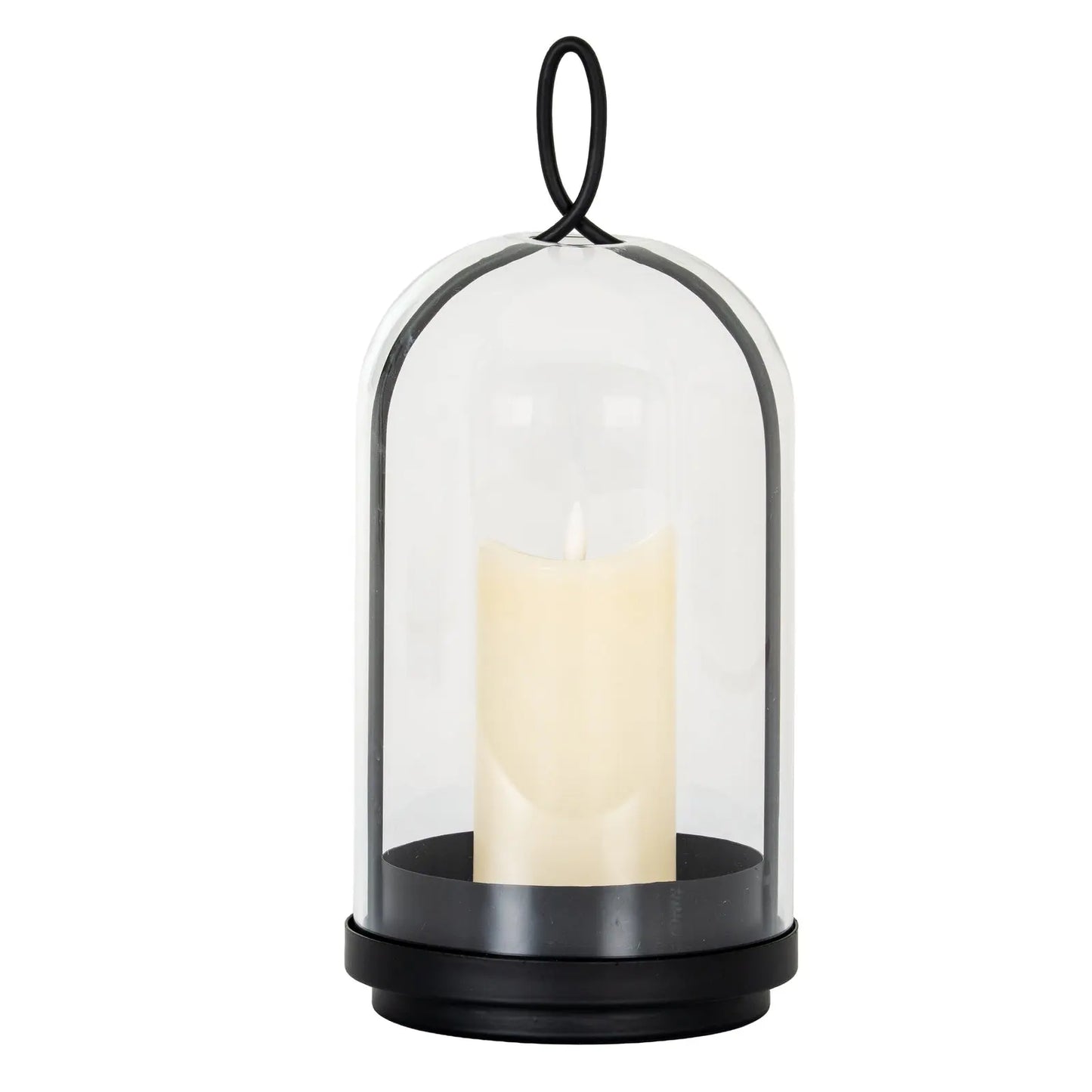 Black lantern with a white candle inside on a white background