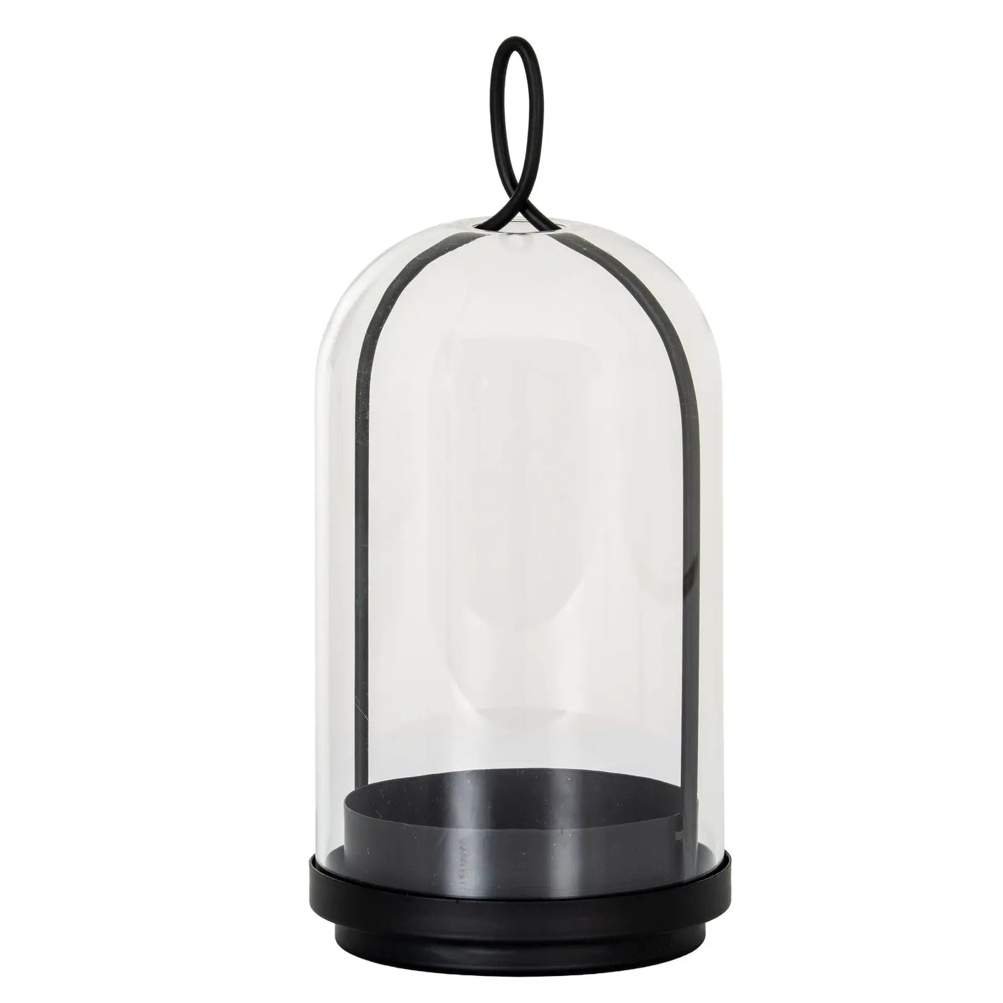 Clear glass dome with black metal base and handle on a white background