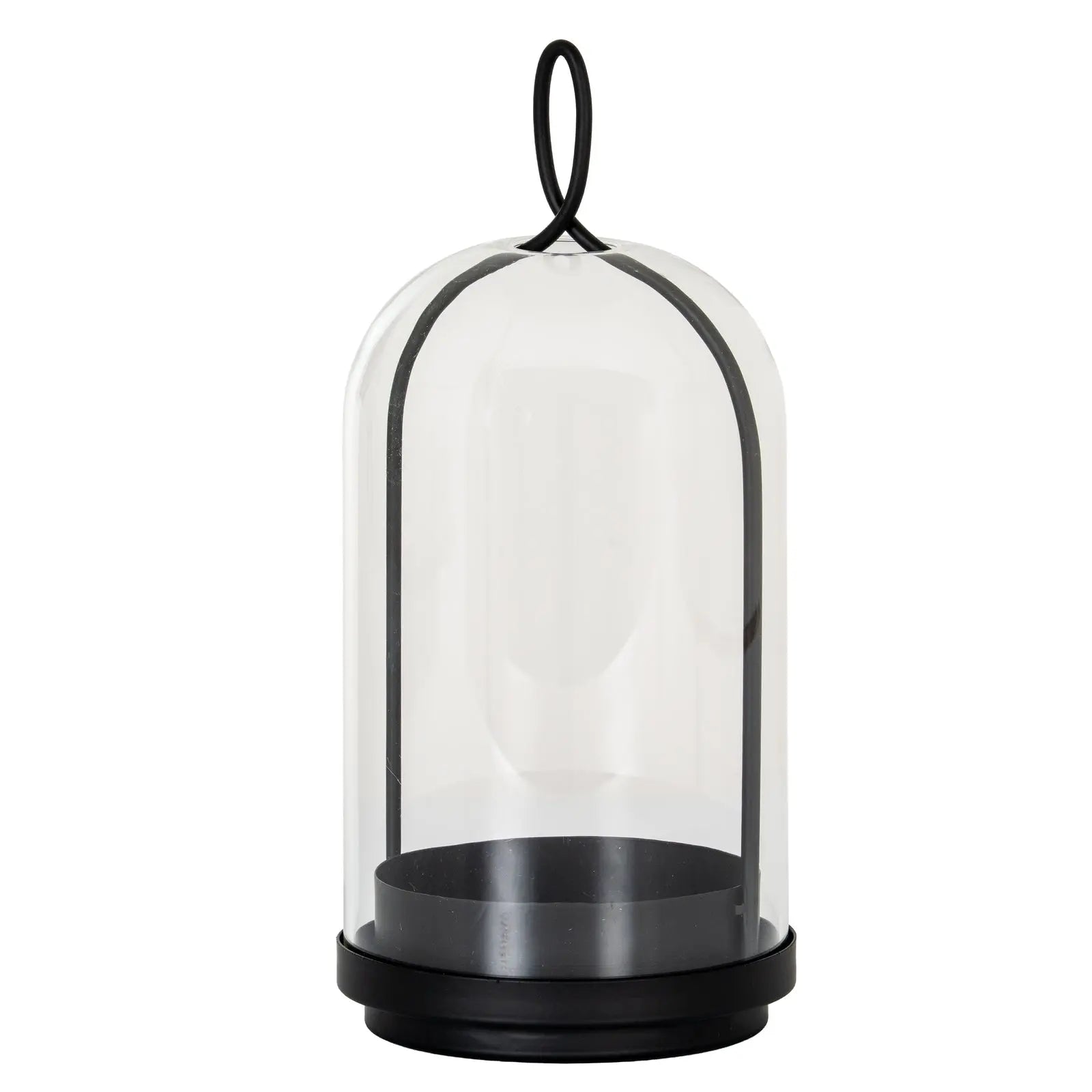 Clear glass dome with black metal base and handle on a white background