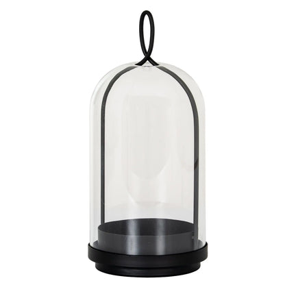 Clear glass dome with black metal base and handle on a white background
