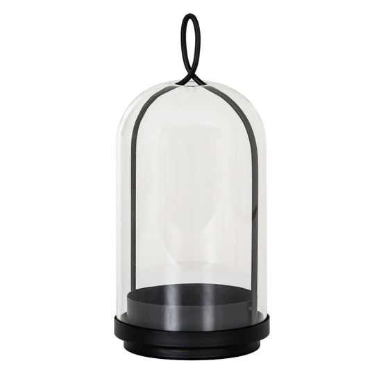 Clear glass dome with black metal base and handle on a white background