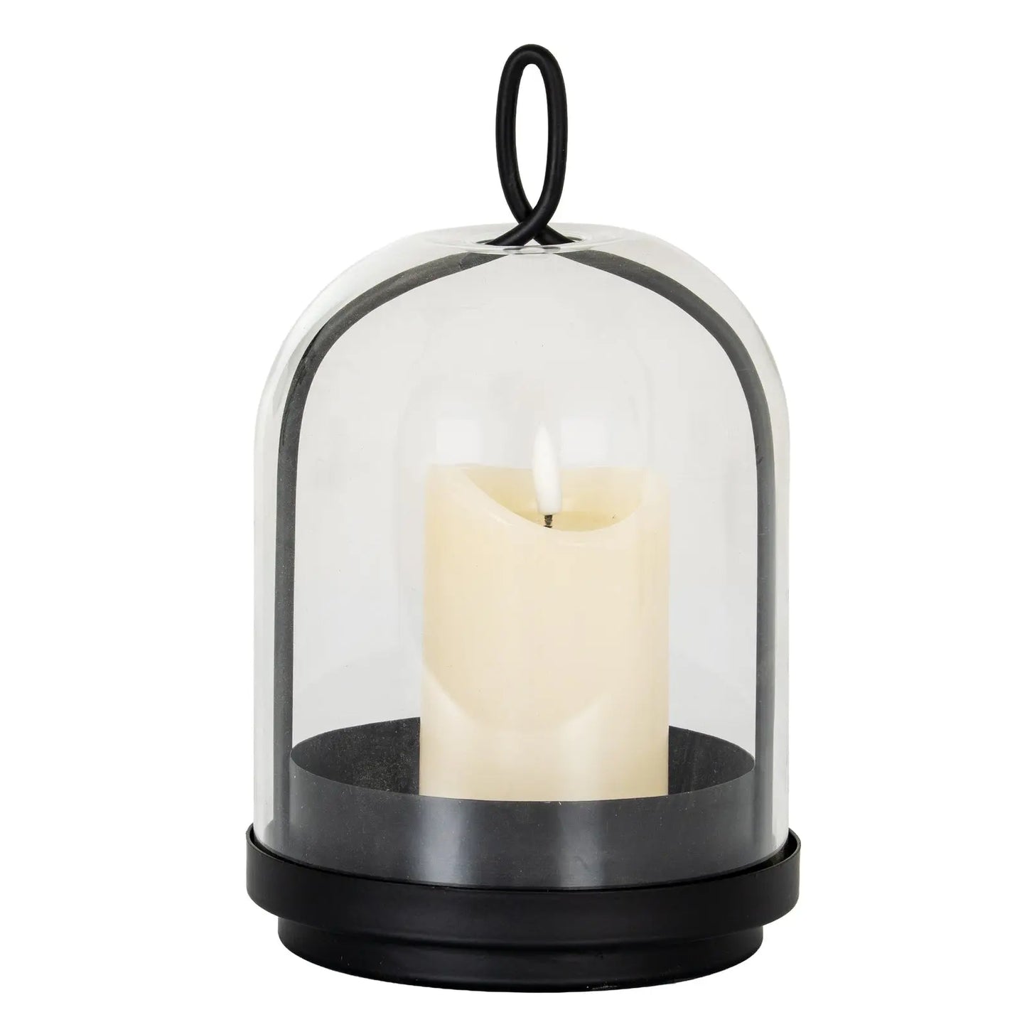 Candle in a glass dome with black base on a white background