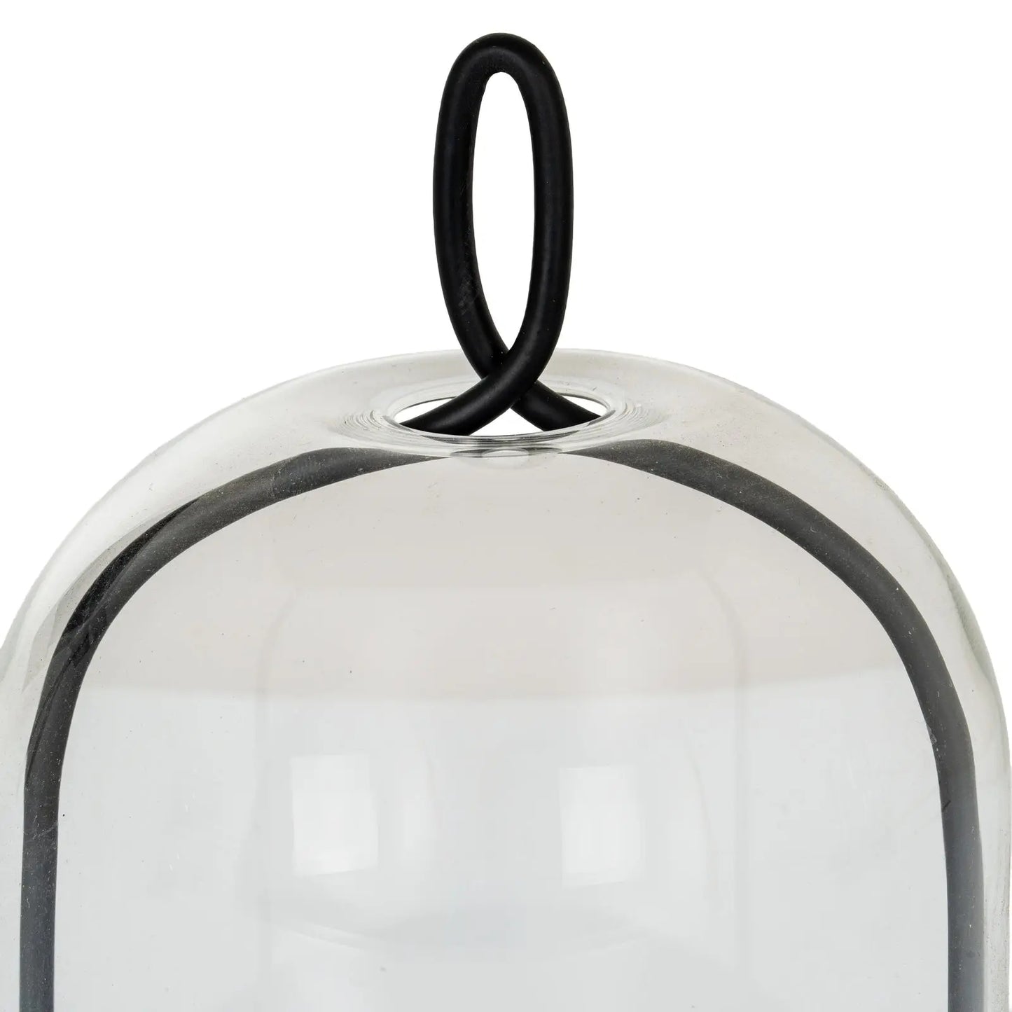 Clear glass pendant light with black metal fixture on a white background
