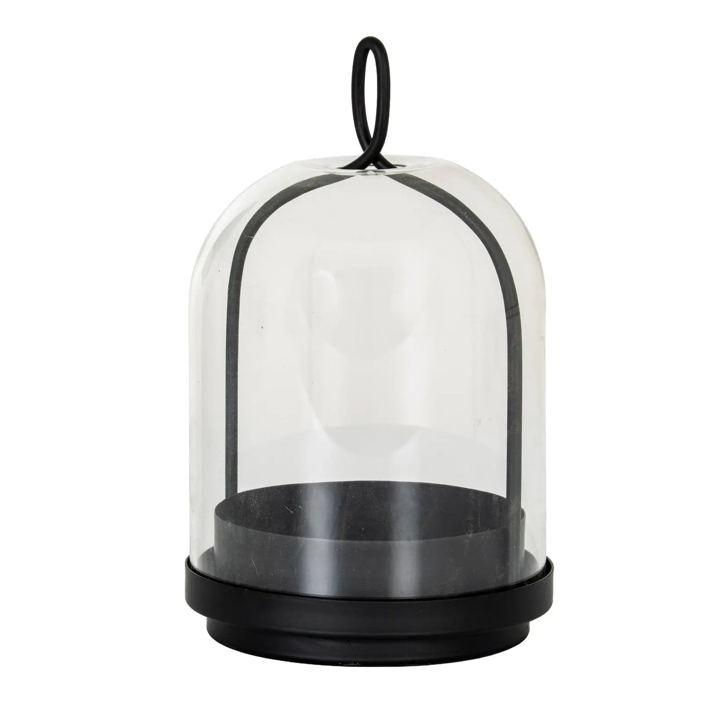 Clear glass dome with black base and handle on a white background