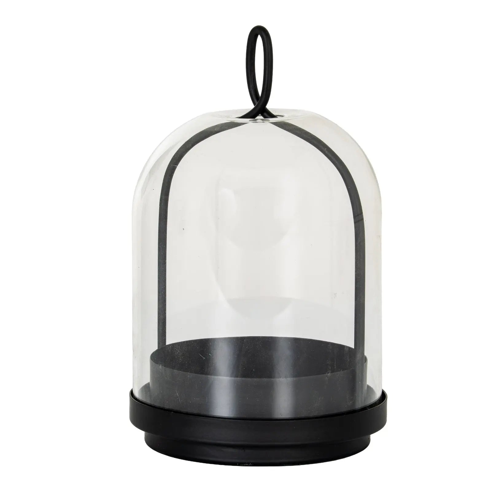 Clear glass dome with black base and handle on a white background
