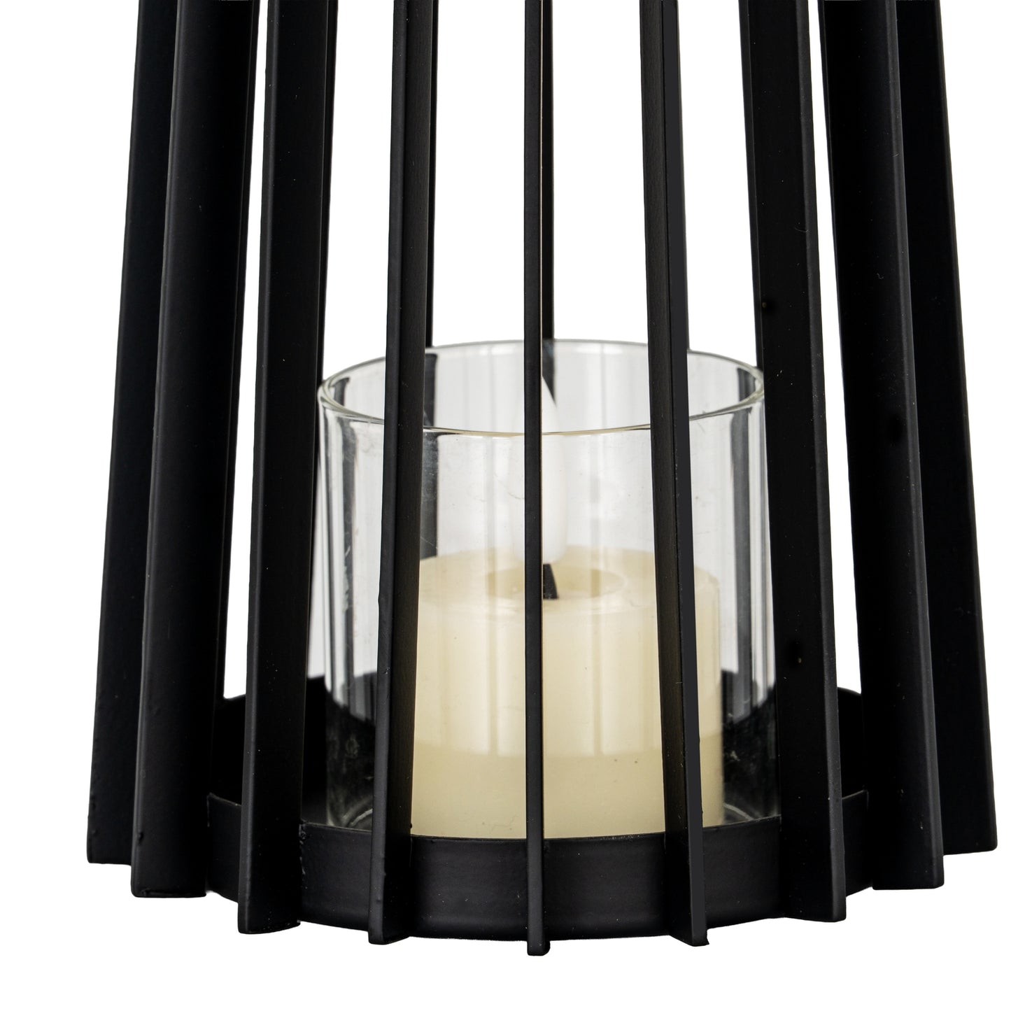 Black metal lantern with a candle inside on a white background