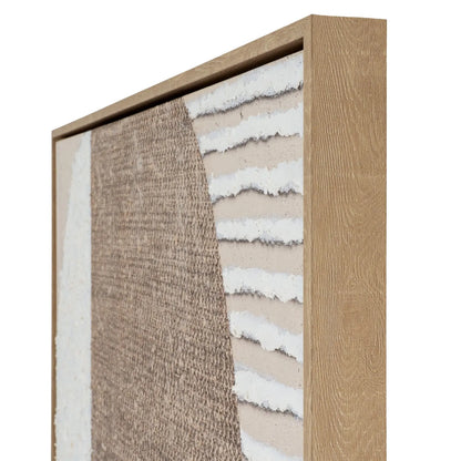 Close-up of a wooden frame with layered material textures on a white background