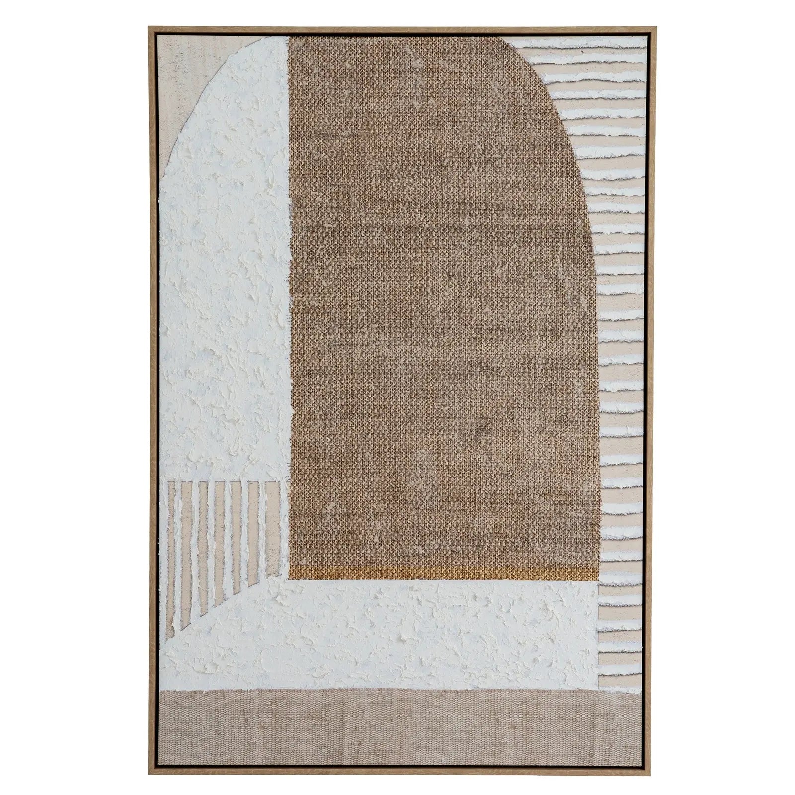 Abstract art piece with geometric shapes in brown, beige, and white on a white background